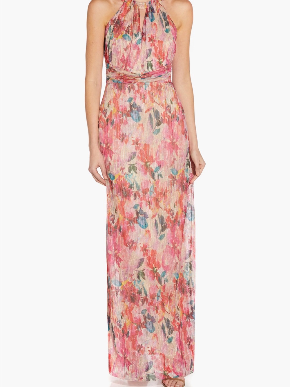 Adrianna Papell Size 14 Metallic Floral Halter Maxi Dress Pink Multicolor